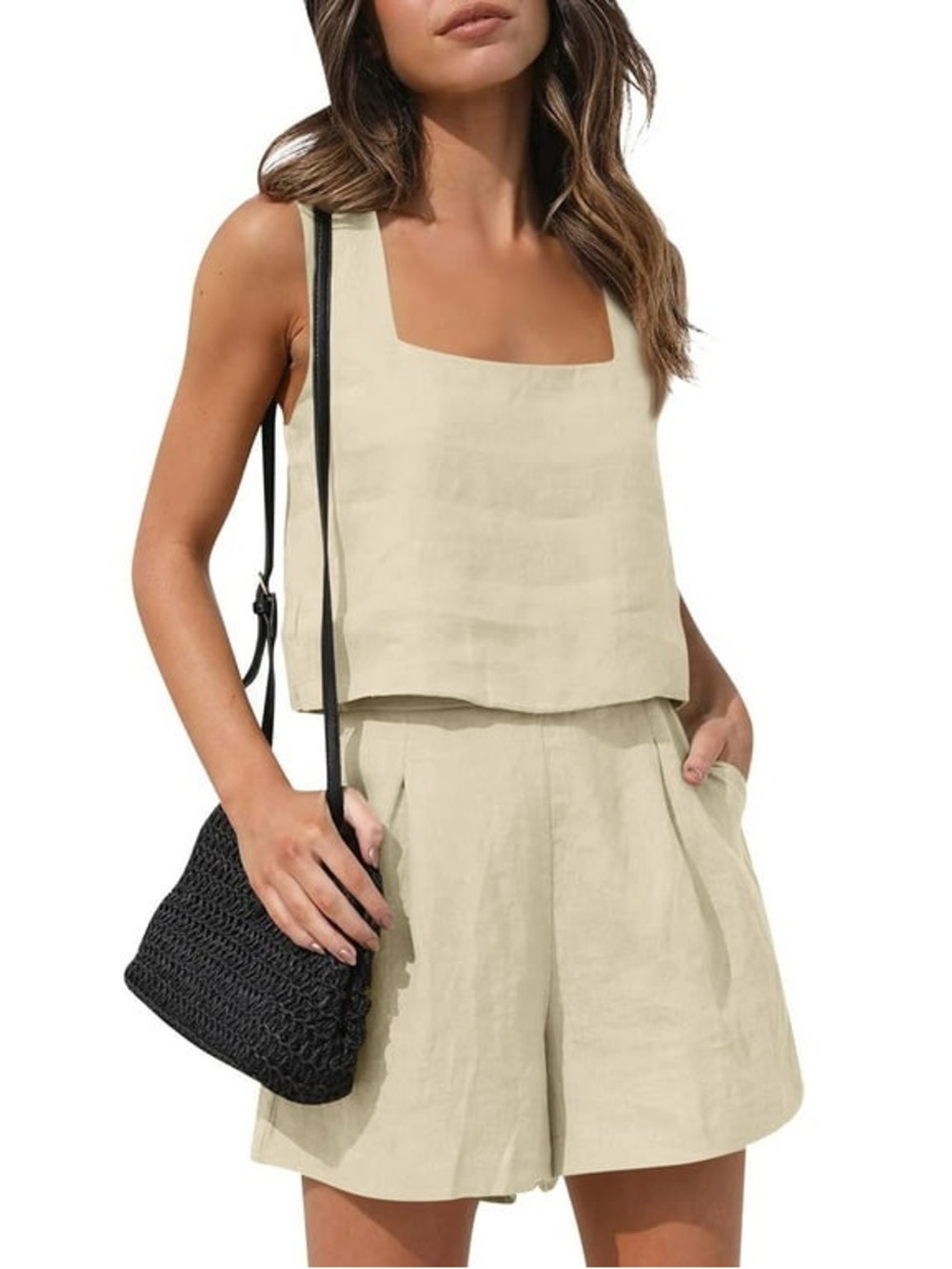 Sleeveless Beige Linen-Look Top & Shorts Set